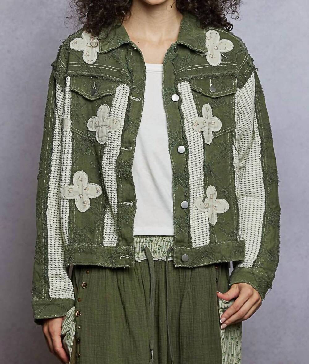 NEW POL textured twill and floral patch jacket in green